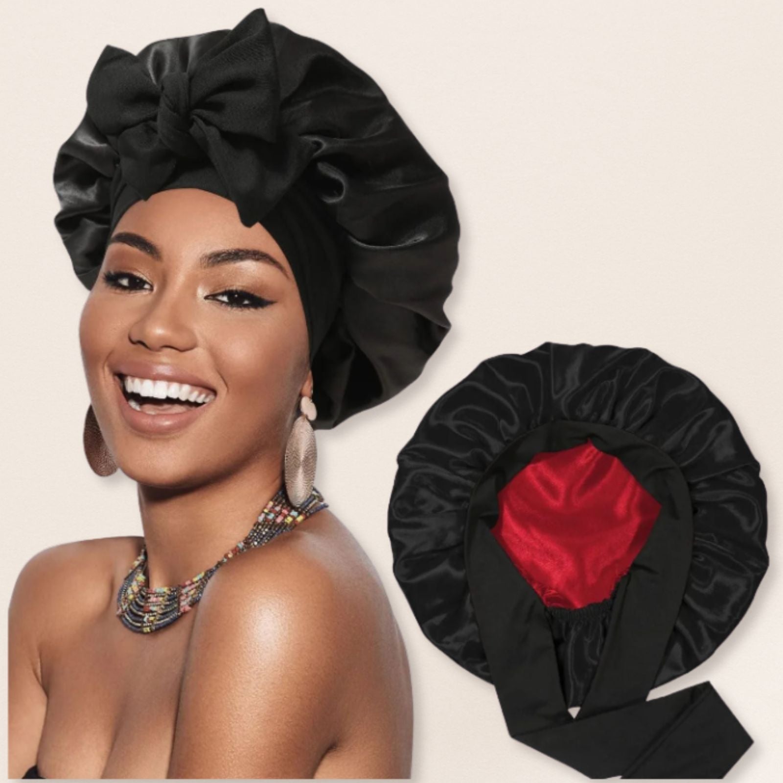 Woman wearing a black satin bonnet with a red interior, on a beige background.