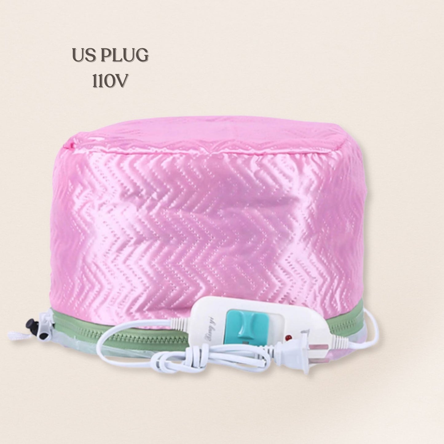 Pink heating pad with a US plug on a beige background