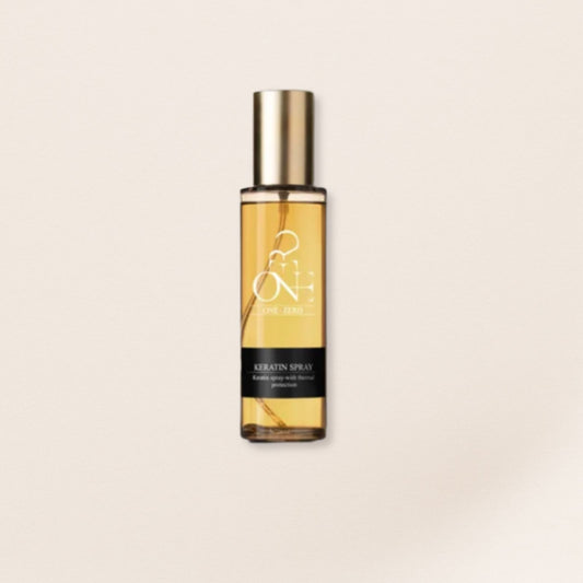 Bottle of Keratin Spray for fine hair on a beige background