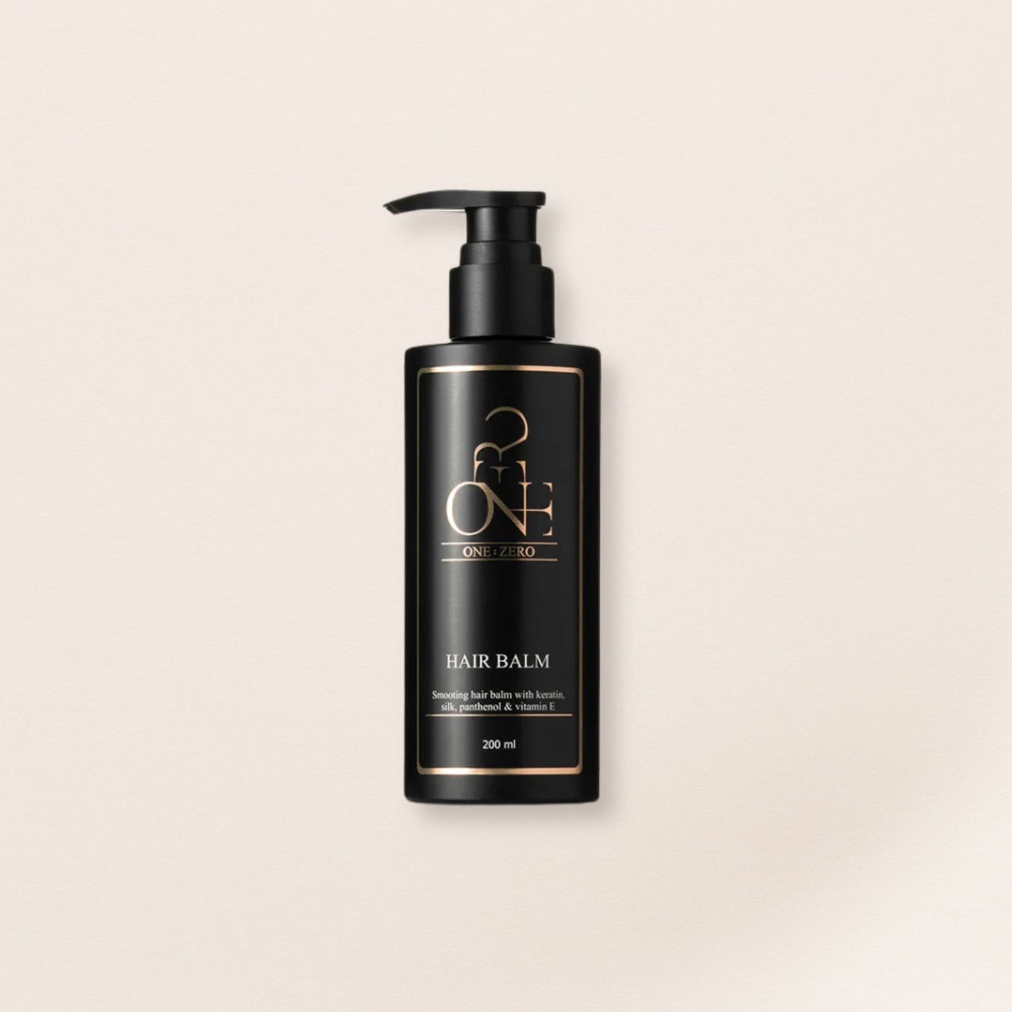 Black hair conditioner bottle for fine hair with pump on a beige background