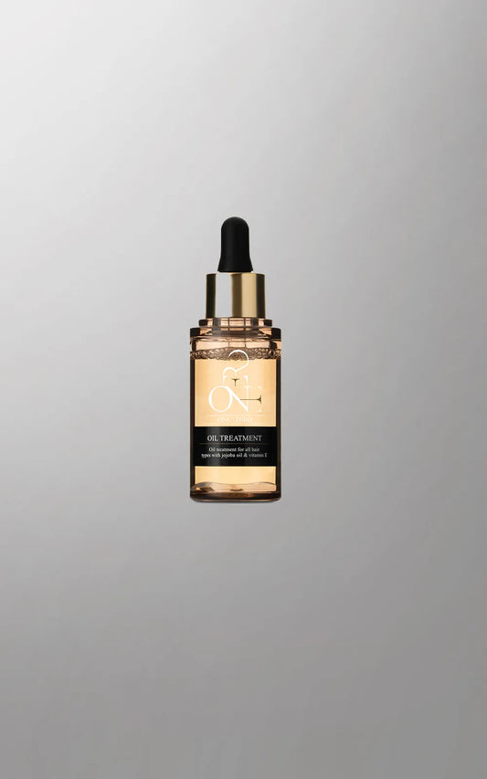 Haircare serum bottle for fine hair with dropper on a gray background