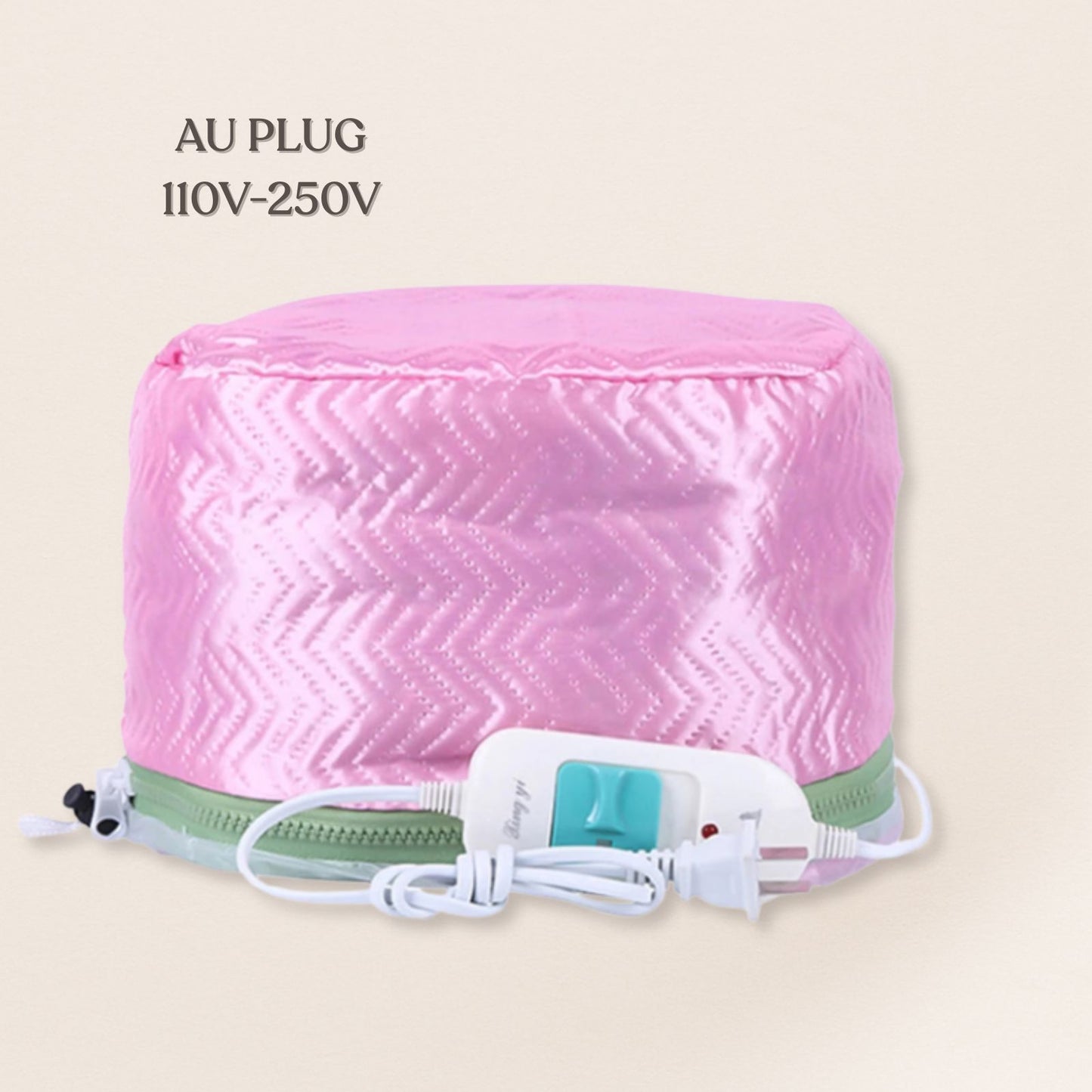 Pink heating pad with power cord on a beige background, labeled 'AU Plug 110V-250V'.