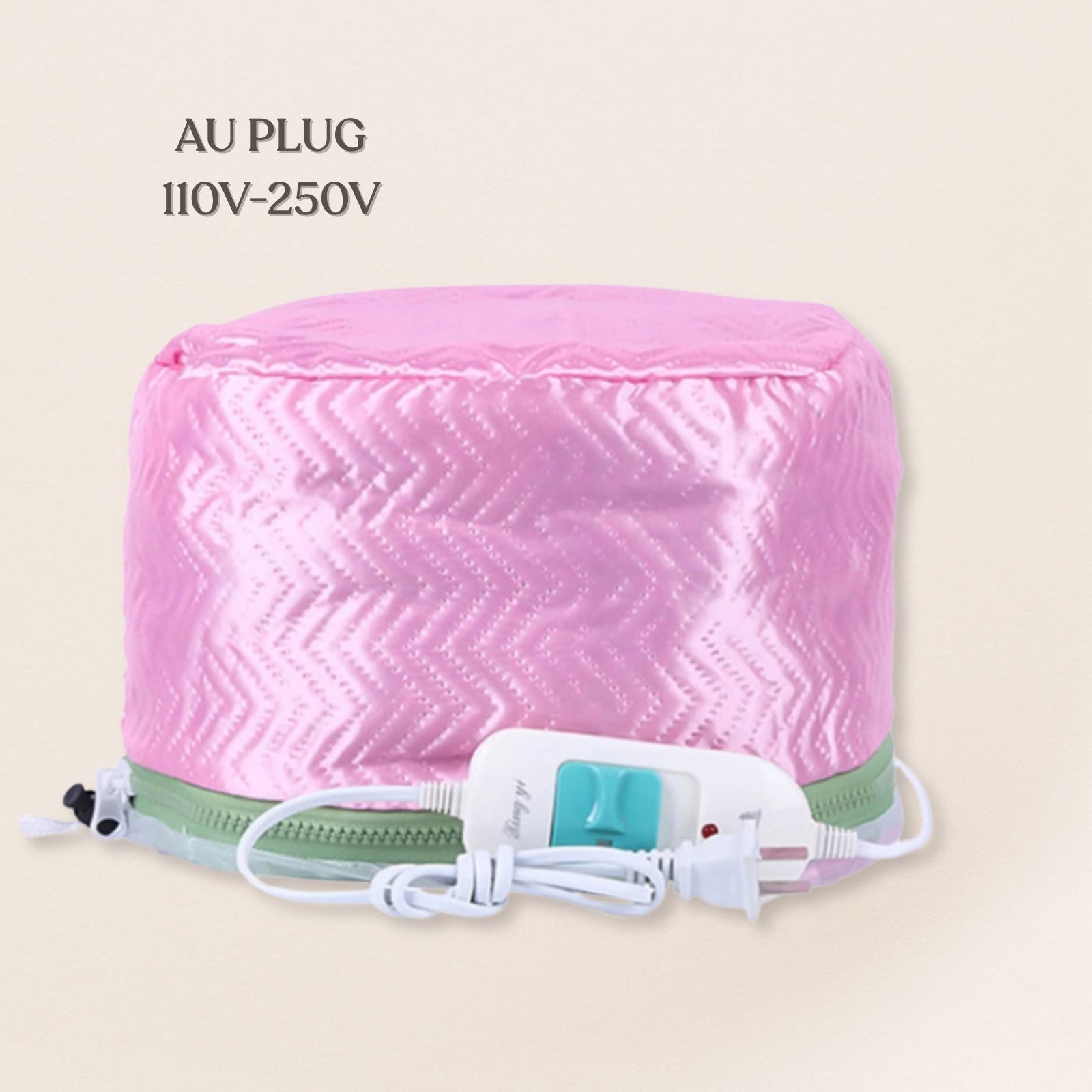 Pink heating pad with power cord on a beige background, labeled 'AU Plug 110V-250V'.