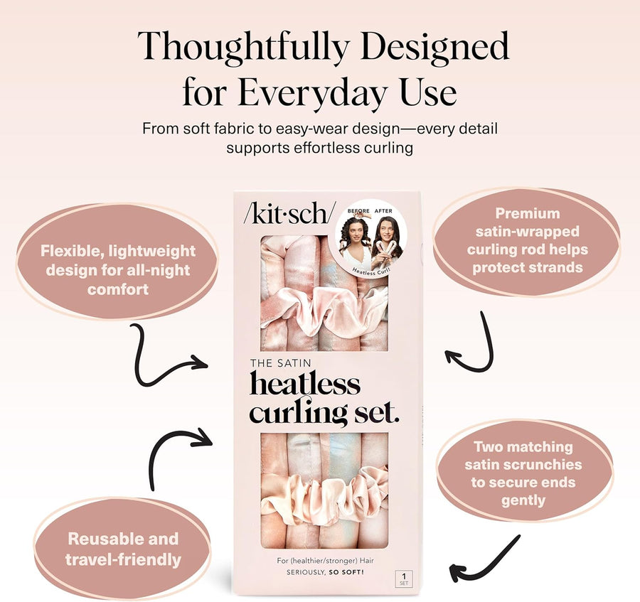 Kitsch Satin Heatless Curling Set – Overnight Curls Without Heat (Headband + Scrunchies) for Fine & Thin Hair