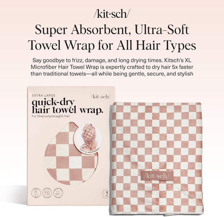 Kitsch XL Microfibre Hair Towel – Terracotta Check