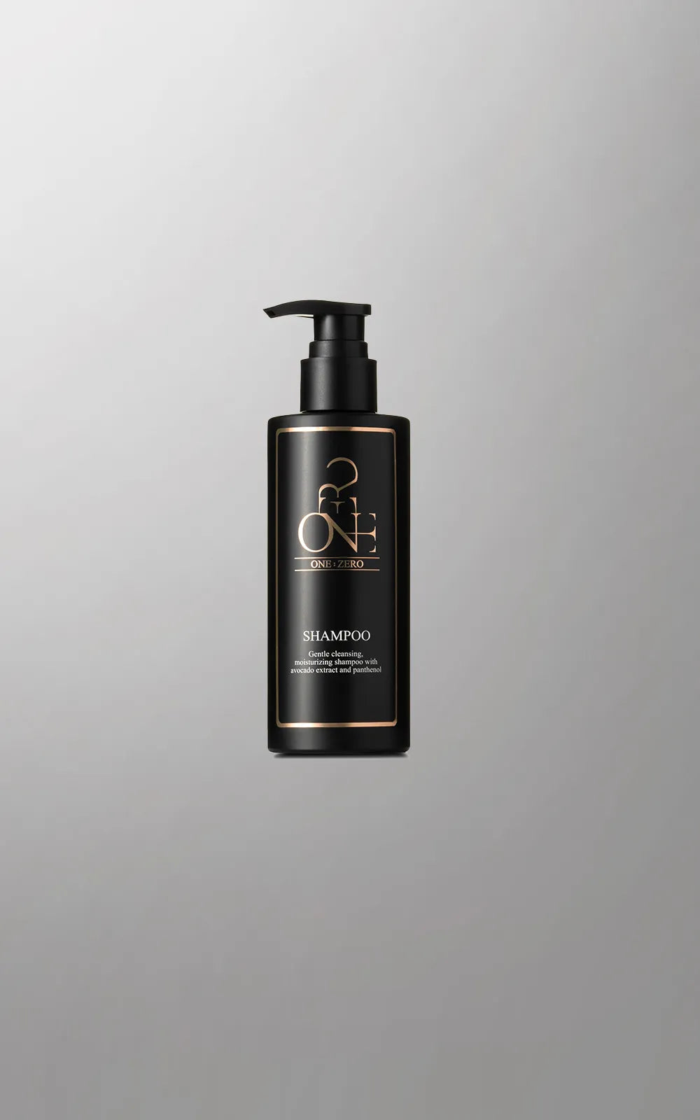 Black shampoo bottle with pump for fine hair on a gray background