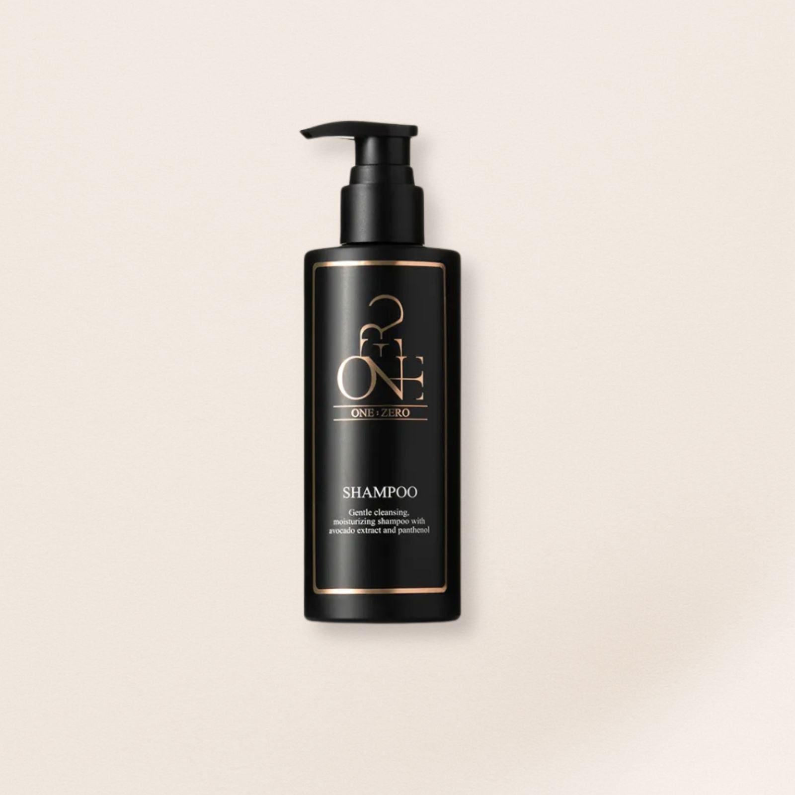 Black shampoo bottle with pump for fine hair on a beige background