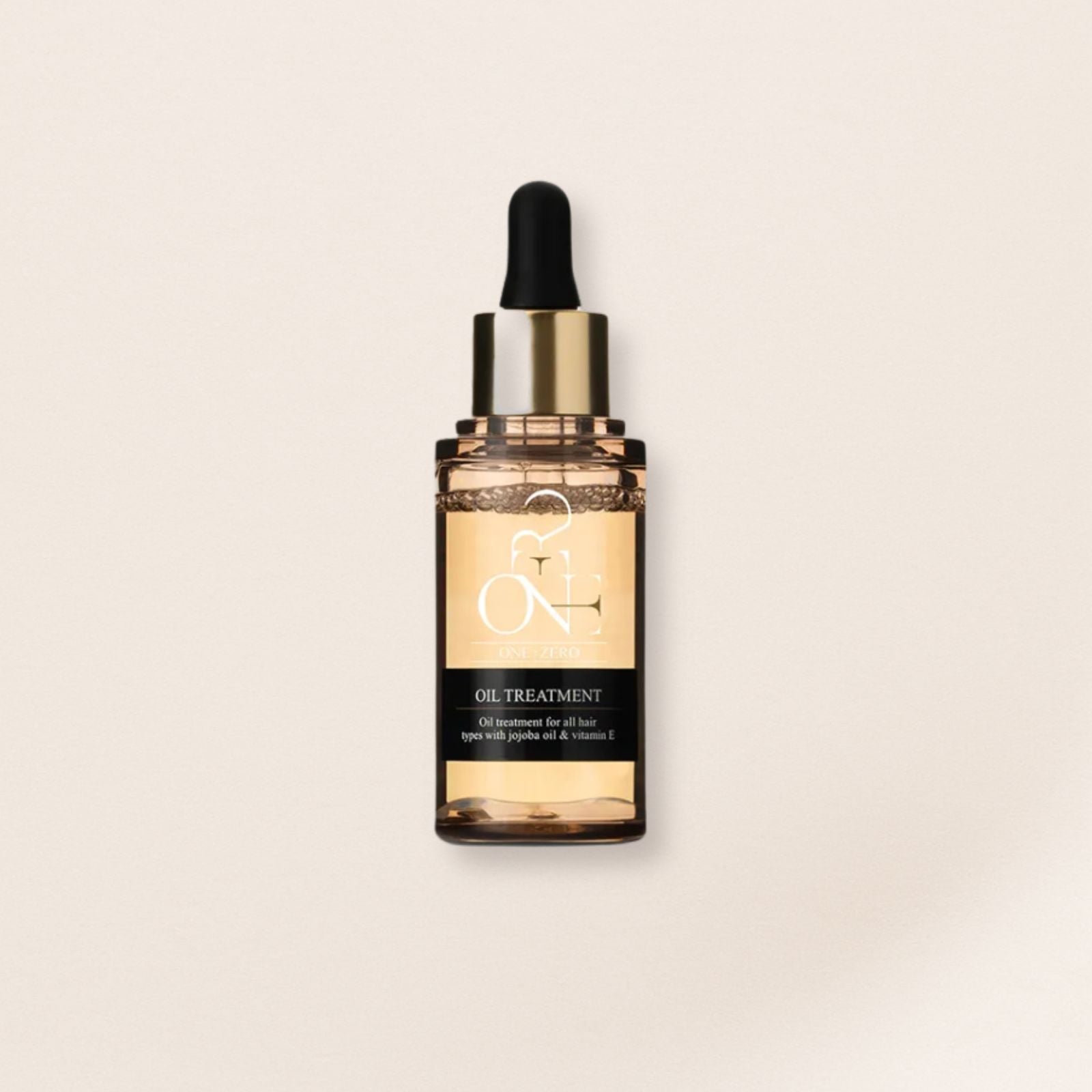 Oil treatment bottle for fine hair with dropper on a beige background